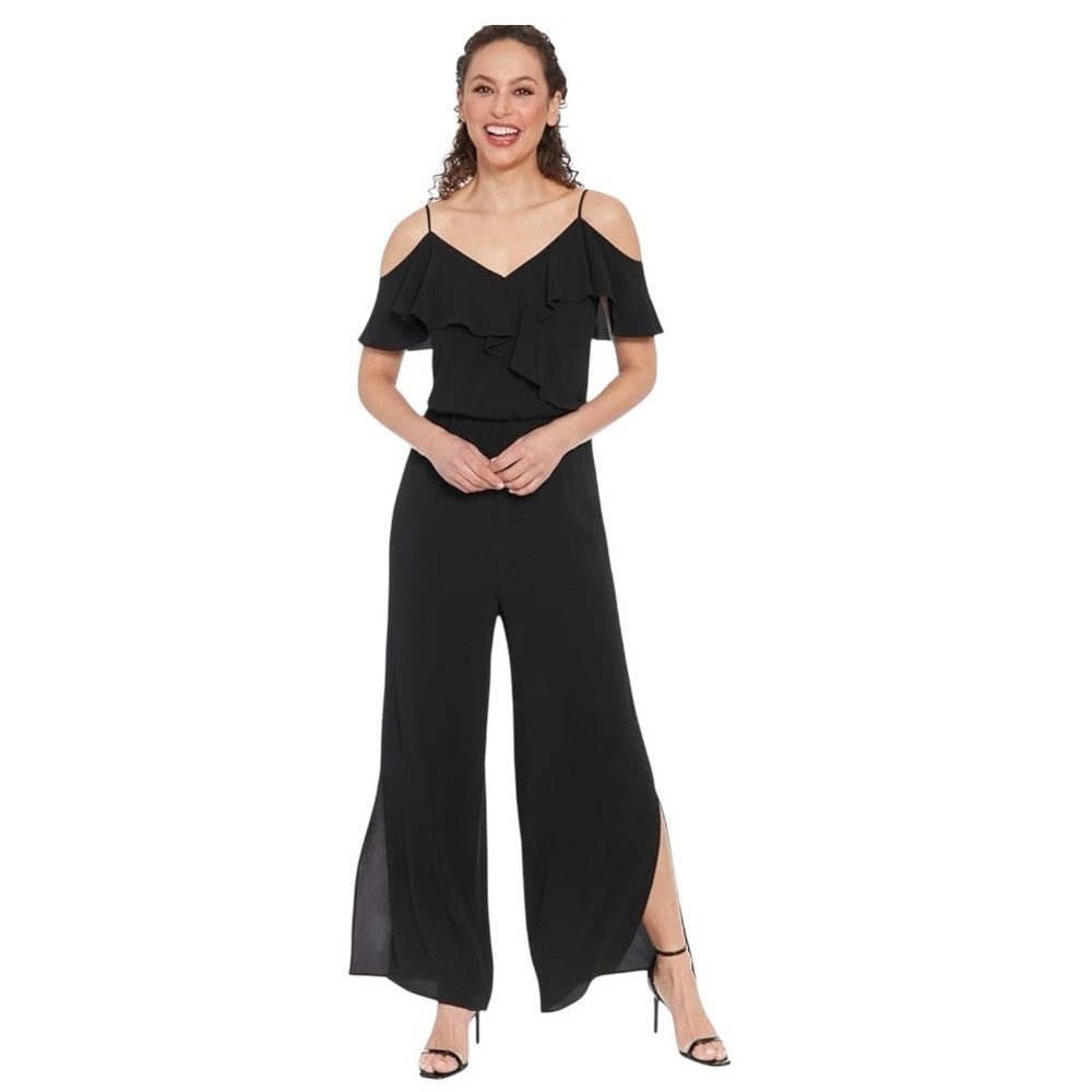 London Times Women’s Cold Shoulder Ruffle Tank Jumpsuit Flowy Wide Leg NWT